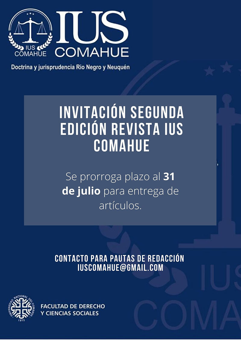 LLAMADO A PUBLICAR ARTÍCULOS PARA LA SEGUNDA EDICIÓN DE LA REVISTA IUS COMAHUE